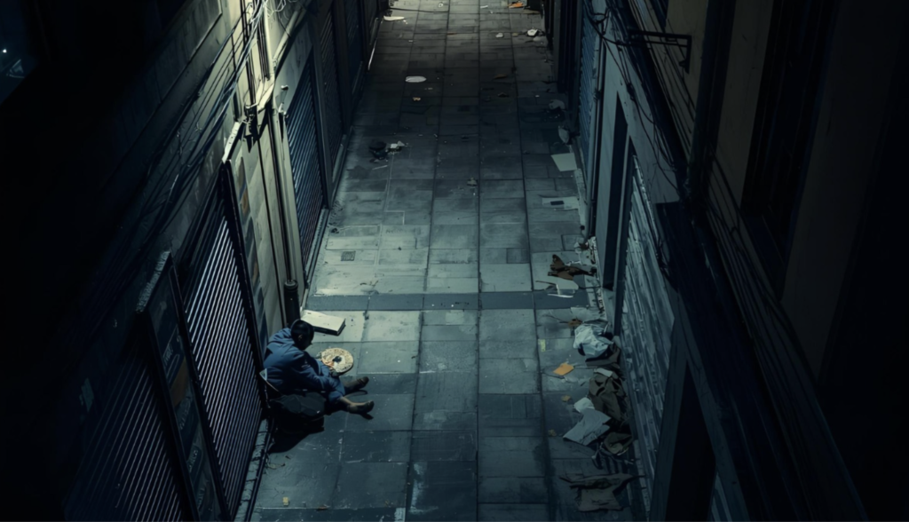 Dark alleyway with homeless person sitting on ground